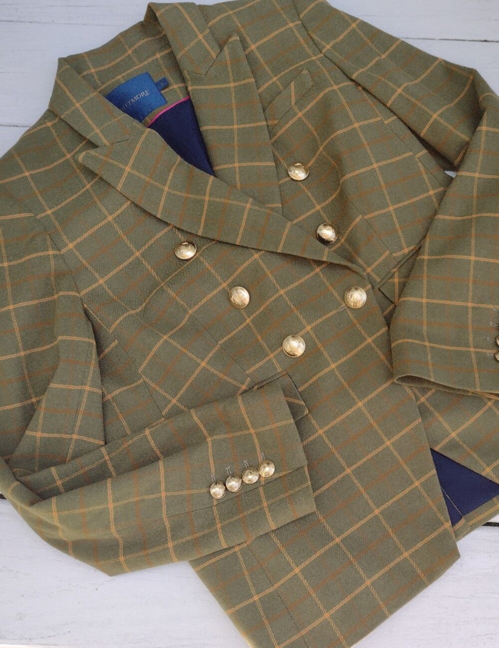 Biltmore Womens Green Plaid Blazer Jacket with Big Bold Gold Buttons Size 14